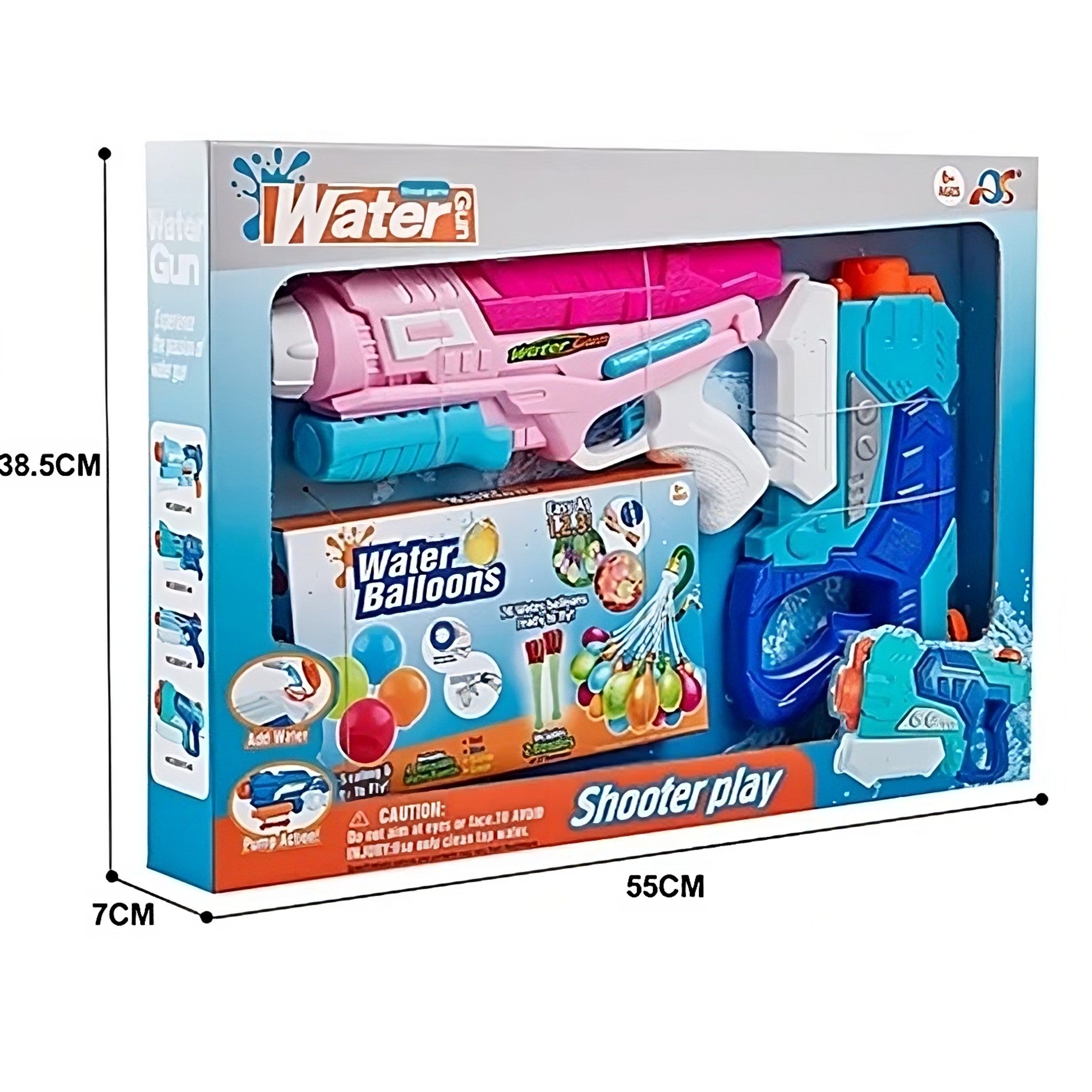 Set 2x Pistol cu Apa pentru Copii, 6ani+, cu baloane de apa, Albastru + Roz, 1x 600 ML + 1x 550 ML
