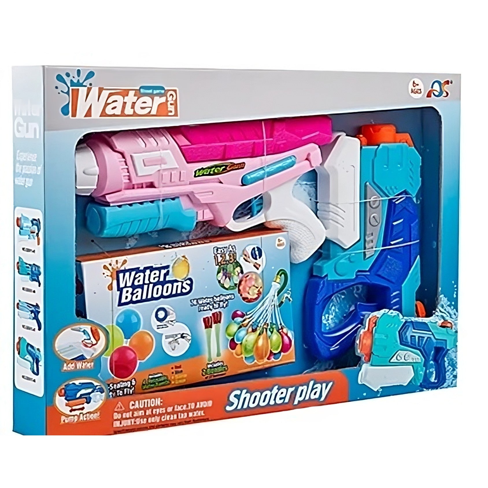 Set 2x Pistol cu Apa pentru Copii, 6ani+, cu baloane de apa, Albastru + Roz, 1x 600 ML + 1x 550 ML