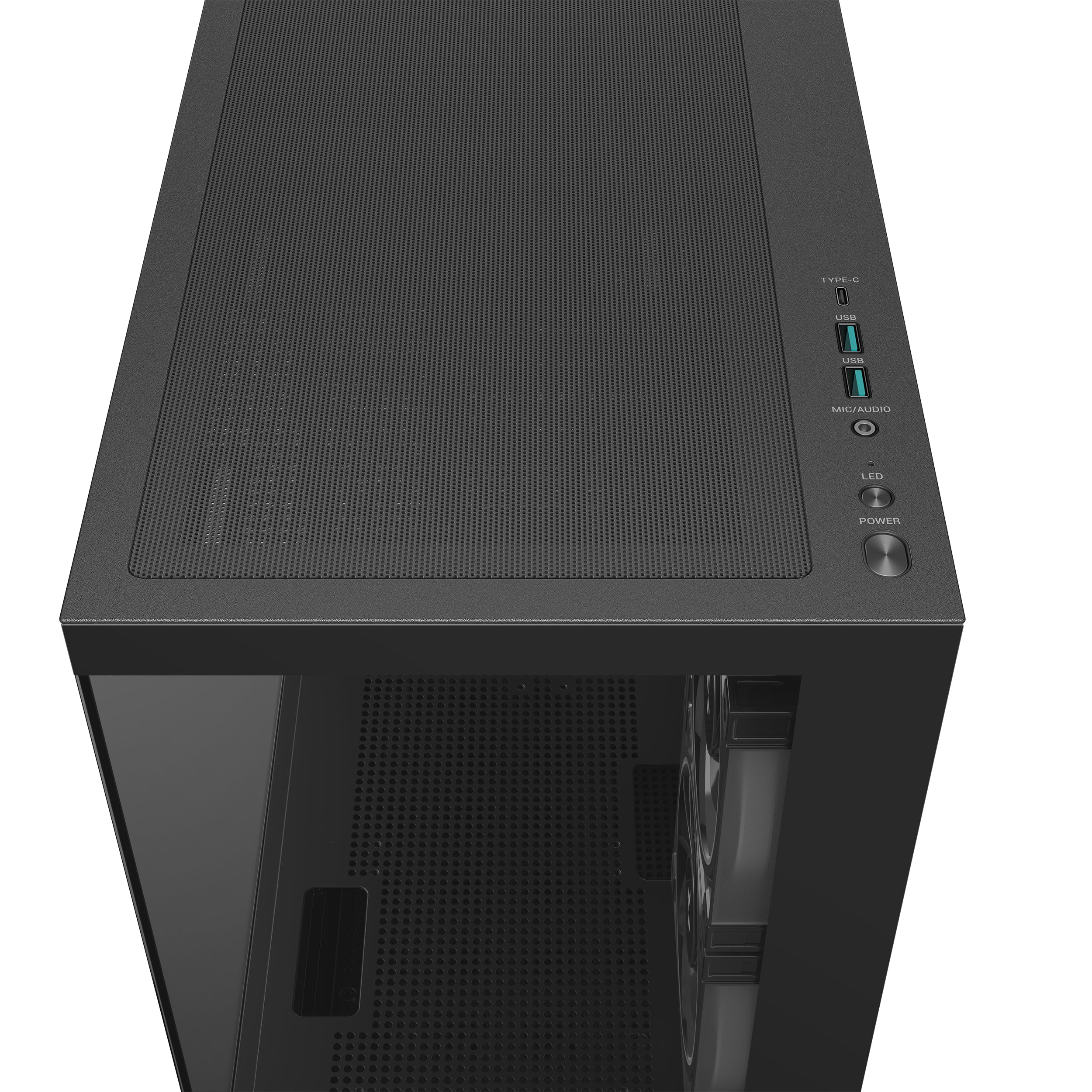CARCASA DeepCool "CG380", middle tower, gaming, fara sursa, suporta 9xfan, 3xfan inclus, PSU shroud, USB Type-C x 2, USB 3.2 gen 1 x 2, audio+mic, 5 sloturi expansiune, negru, "R-CG380-BKAGM3-G"