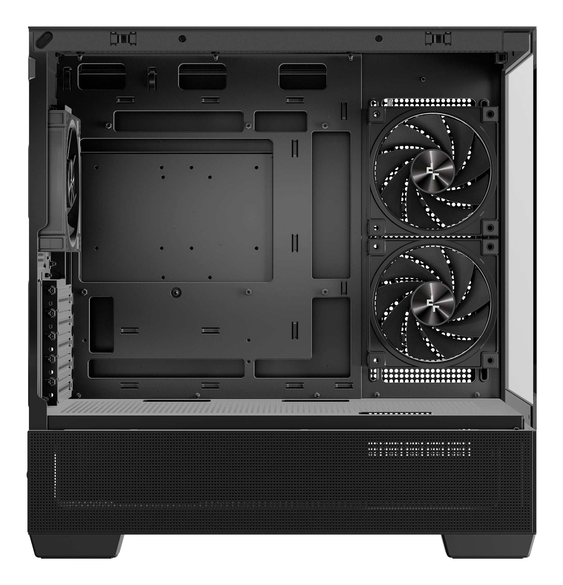CARCASA DeepCool "CG380", middle tower, gaming, fara sursa, suporta 9xfan, 3xfan inclus, PSU shroud, USB Type-C x 2, USB 3.2 gen 1 x 2, audio+mic, 5 sloturi expansiune, negru, "R-CG380-BKAGM3-G"