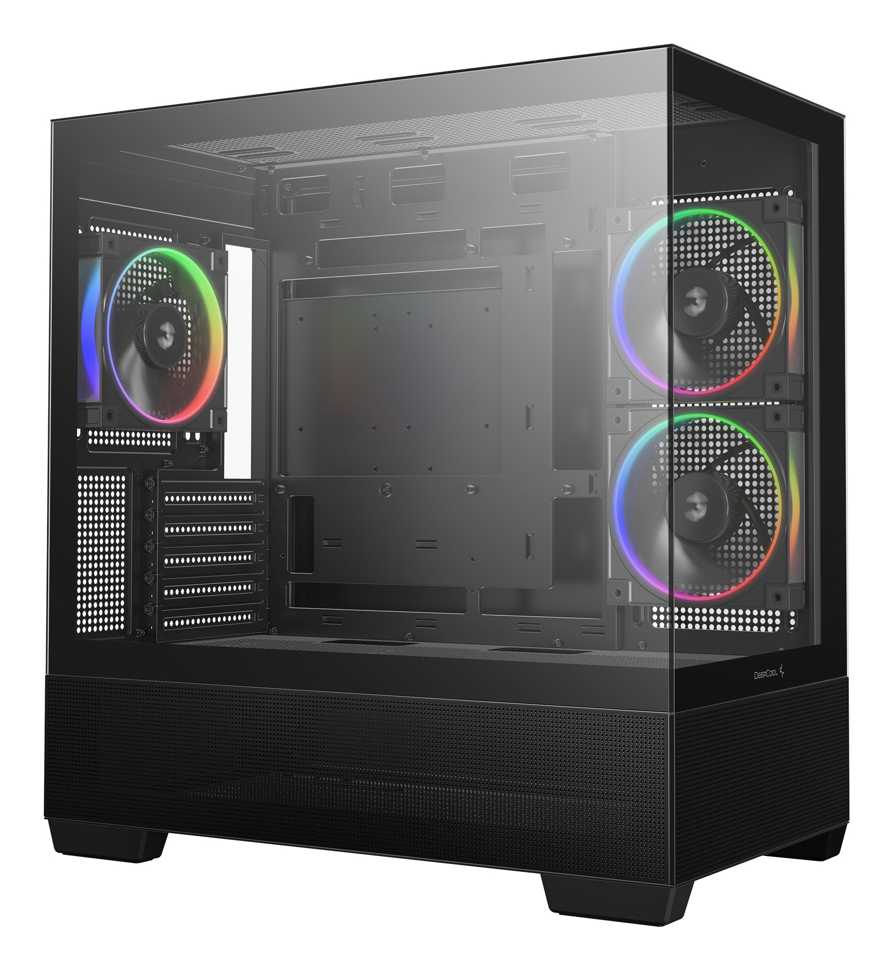 CARCASA DeepCool "CG380", middle tower, gaming, fara sursa, suporta 9xfan, 3xfan inclus, PSU shroud, USB Type-C x 2, USB 3.2 gen 1 x 2, audio+mic, 5 sloturi expansiune, negru, "R-CG380-BKAGM3-G"