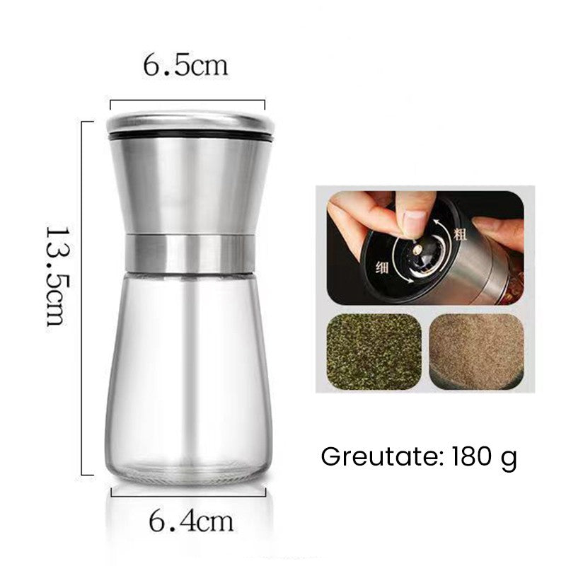 Rasnita Manuala pentru boabe, Flippy, Rasnita pentru Piper Sare Cafea, din Sticla cu Otel inoxidabil, 13.5 x 6.5 cm, volum 180 ml, Transparenta cu Capac din Inox