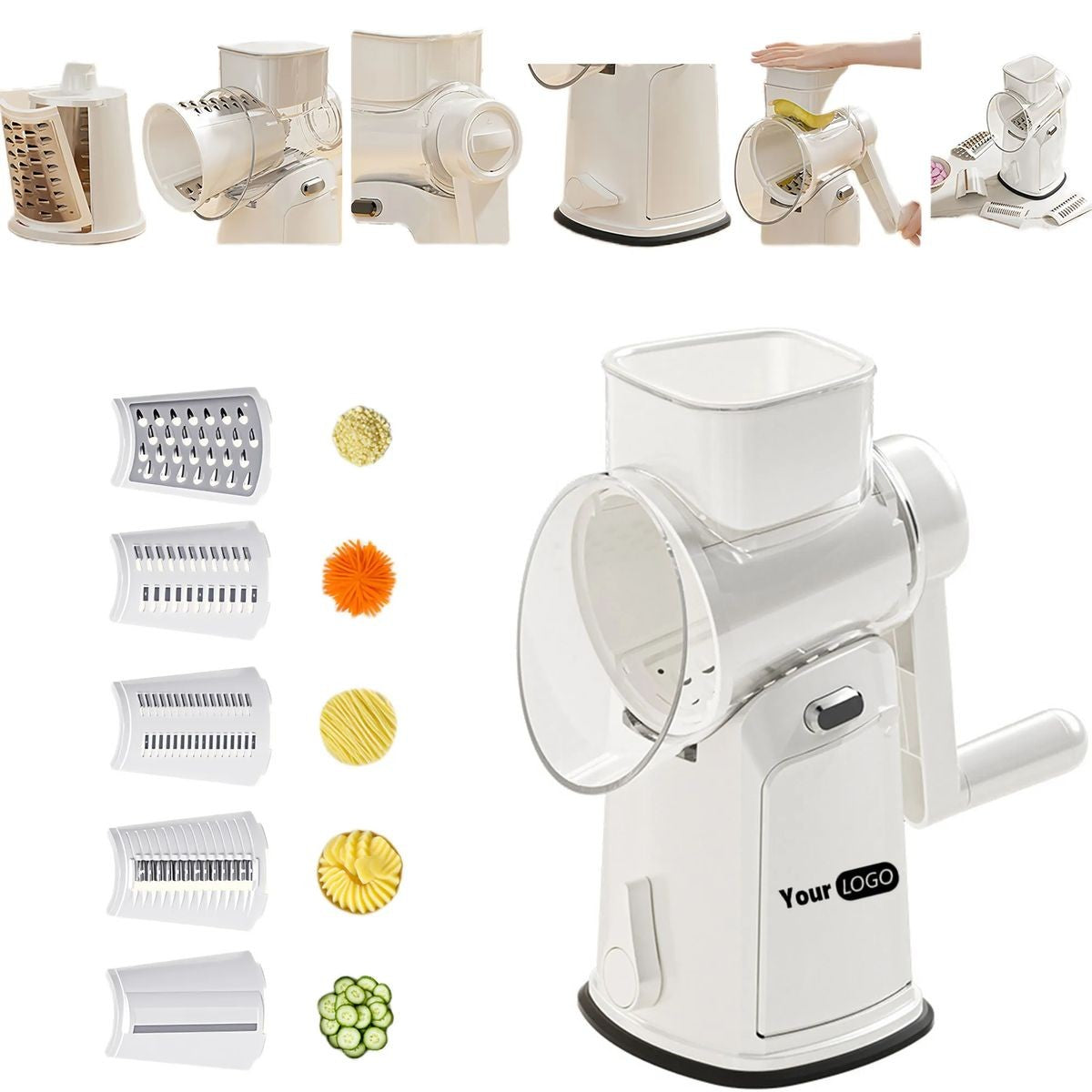 Razatoare Manuala, Rotativa cu Manivela, 10 Lame Interschimbabile, Anti-Stropire, 27 x 13 x 13 cm, Alb