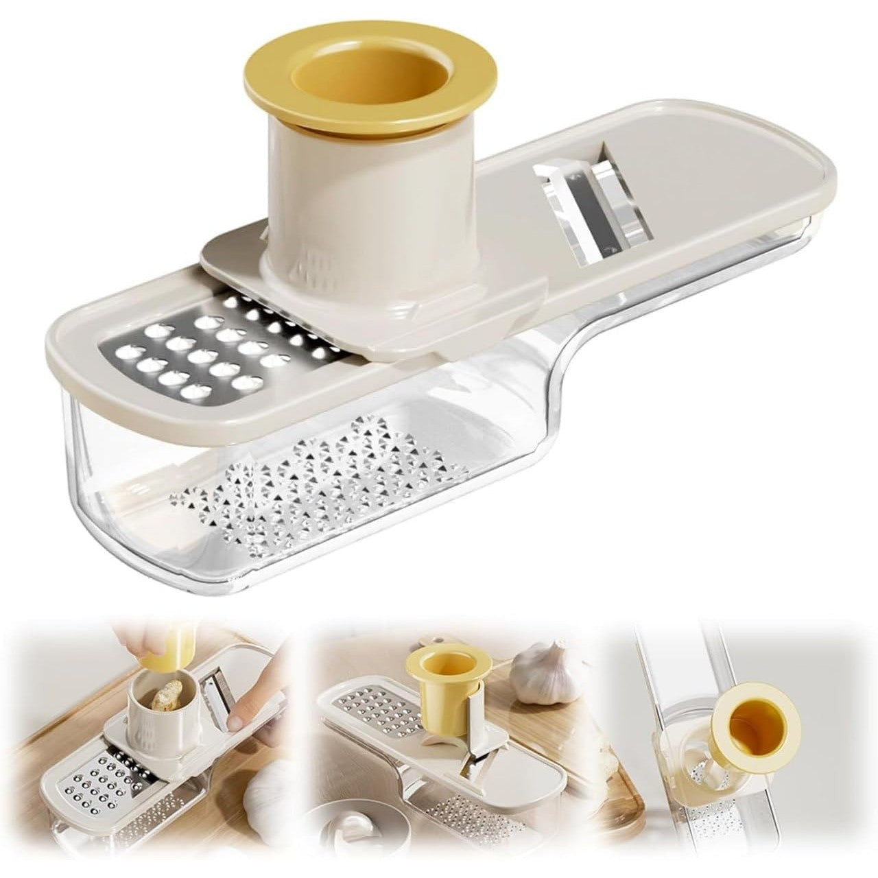 Razatoare Manuala, cu Recipient de Stocare, pentru Legume, din Plastic si Otel Inoxidabil, Multifunctionala, Alb