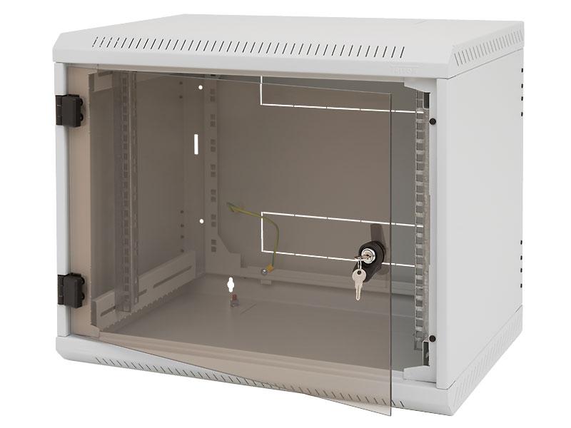 TRITON RACK de PERETE sectiune simpla 12U 600mm adancime usa sticla panouri laterale fixe sectiuni, sectiuni acces cabluri sus/jos/spate securizare cu cheie, 1 pereche montanti reglabili IP30 gri "RBA-12-AS6-CAX-A1"