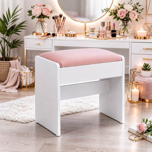 VASAGLE Taburet masa toaleta tapitat cu catifea, picioare cu protectii, 29x45x45 cm, alb si roz