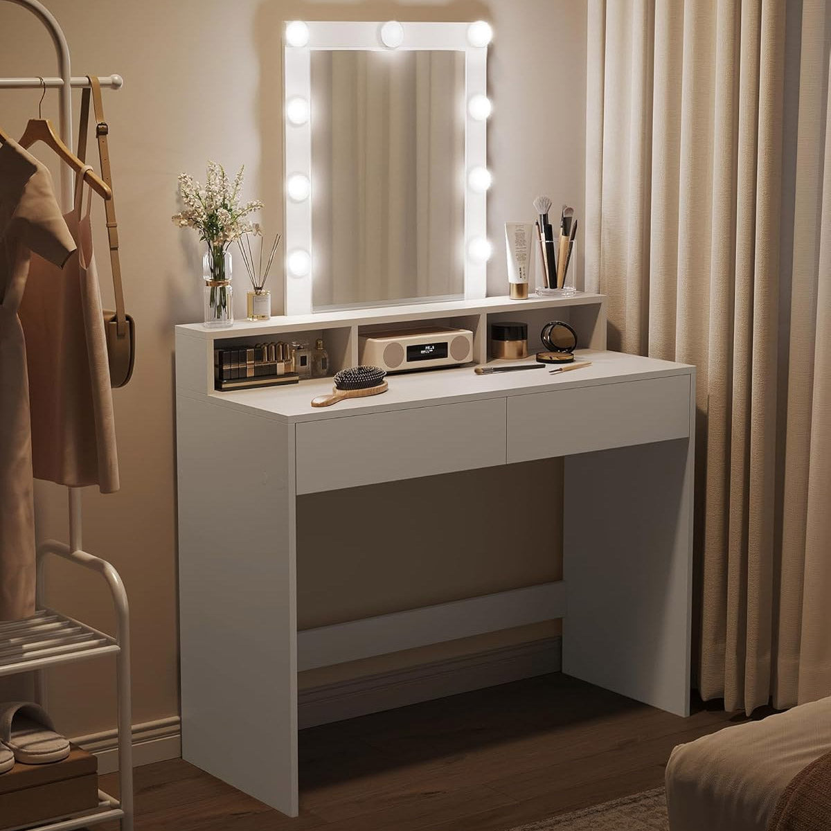 VASAGLE Masa de toaleta cu oglinda LED cu luminozitate reglabila, 2 sertare si 3 compartimente, 100x40x145 cm, alb