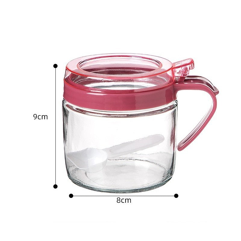 Recipient Condimente, Flippy, din Stilca, 180 ml, cu Maner si Lingurita, 8 x 9 cm, Capac Transparent, Roz