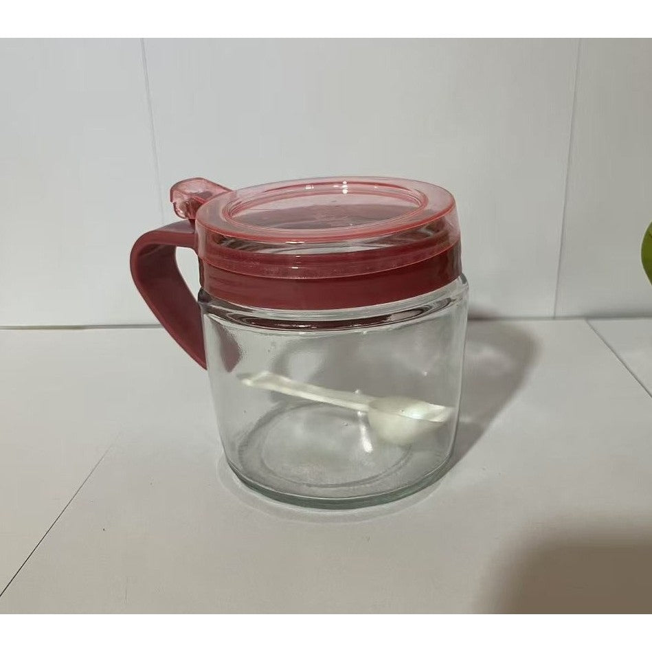 Recipient Condimente, Flippy, din Stilca, 180 ml, cu Maner si Lingurita, 8 x 9 cm, Capac Transparent, Roz