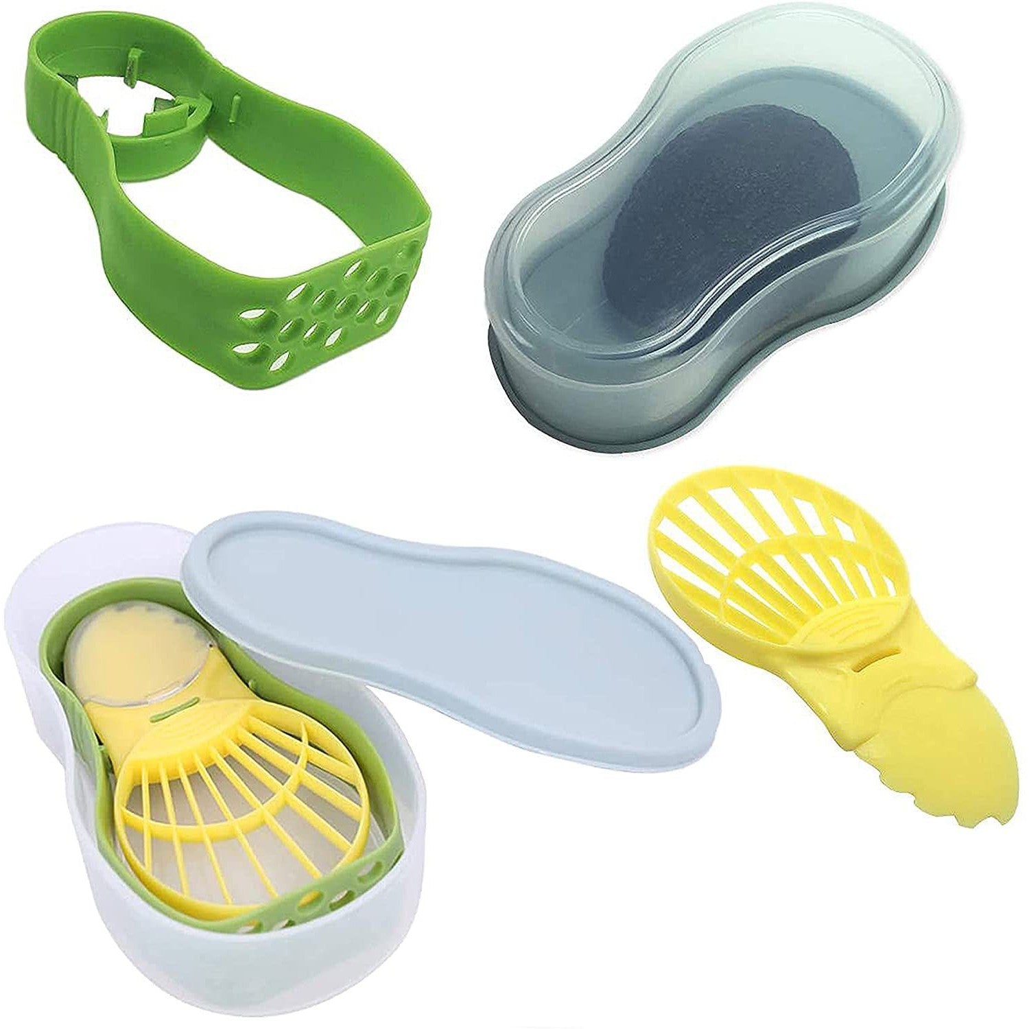 Recipient de Depozitare Avocado 5in1, Etans, pentru Frigider, din Plastic, Dispozitiv de Taiat, Curatat, Feliat, 14x4x7 cm, Verde