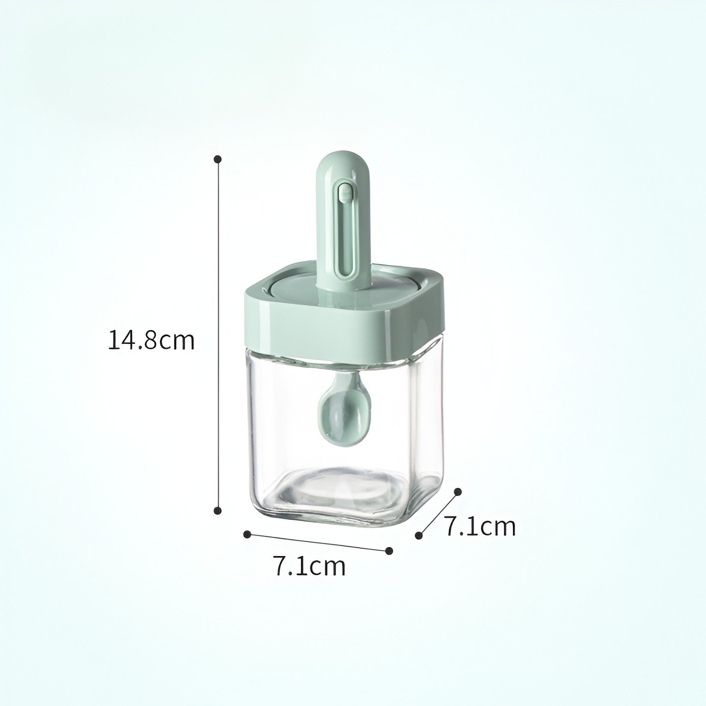 Recipient pentru Depozitarea Condimentelor, Borcan din Sticla, Capac si Lingura Incorporate, Uz Casnic, 300 ml, 7.1x7.1x14.8 cm, Verde