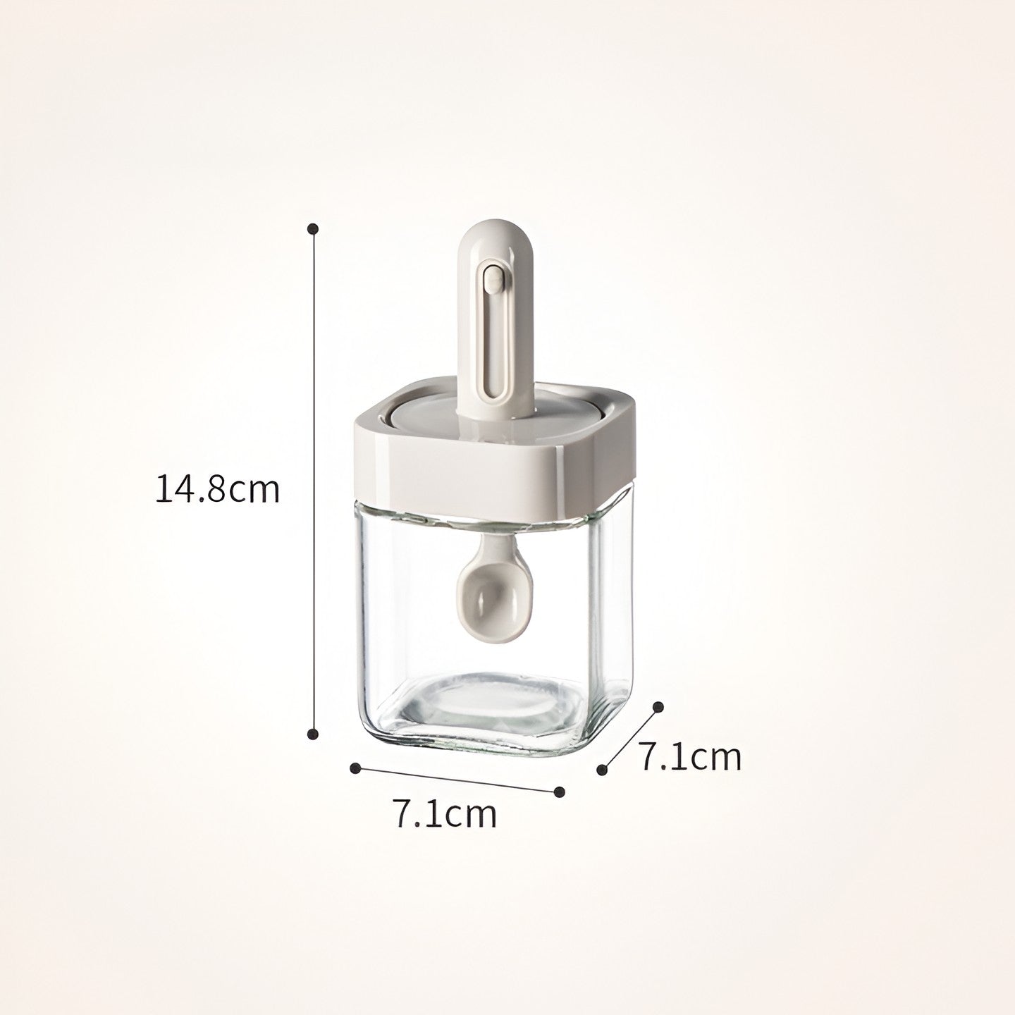 Recipient pentru Depozitarea Condimentelor, Borcan din Sticla, Capac si Lingura Incorporate, Uz Casnic, 300 ml, 7.1x7.1x14.8 cm, Gri