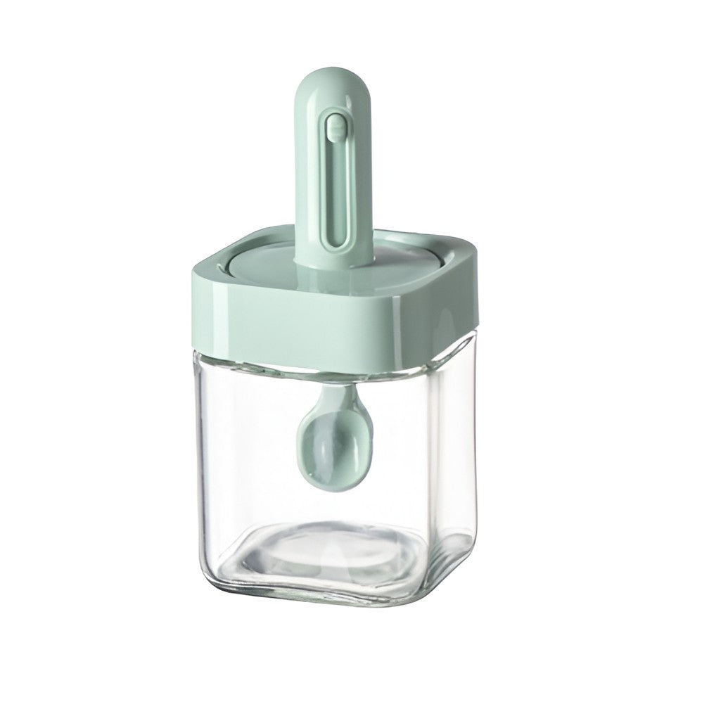 Recipient pentru Depozitarea Condimentelor, Borcan din Sticla, Capac si Lingura Incorporate, Uz Casnic, 300 ml, 7.1x7.1x14.8 cm, Verde