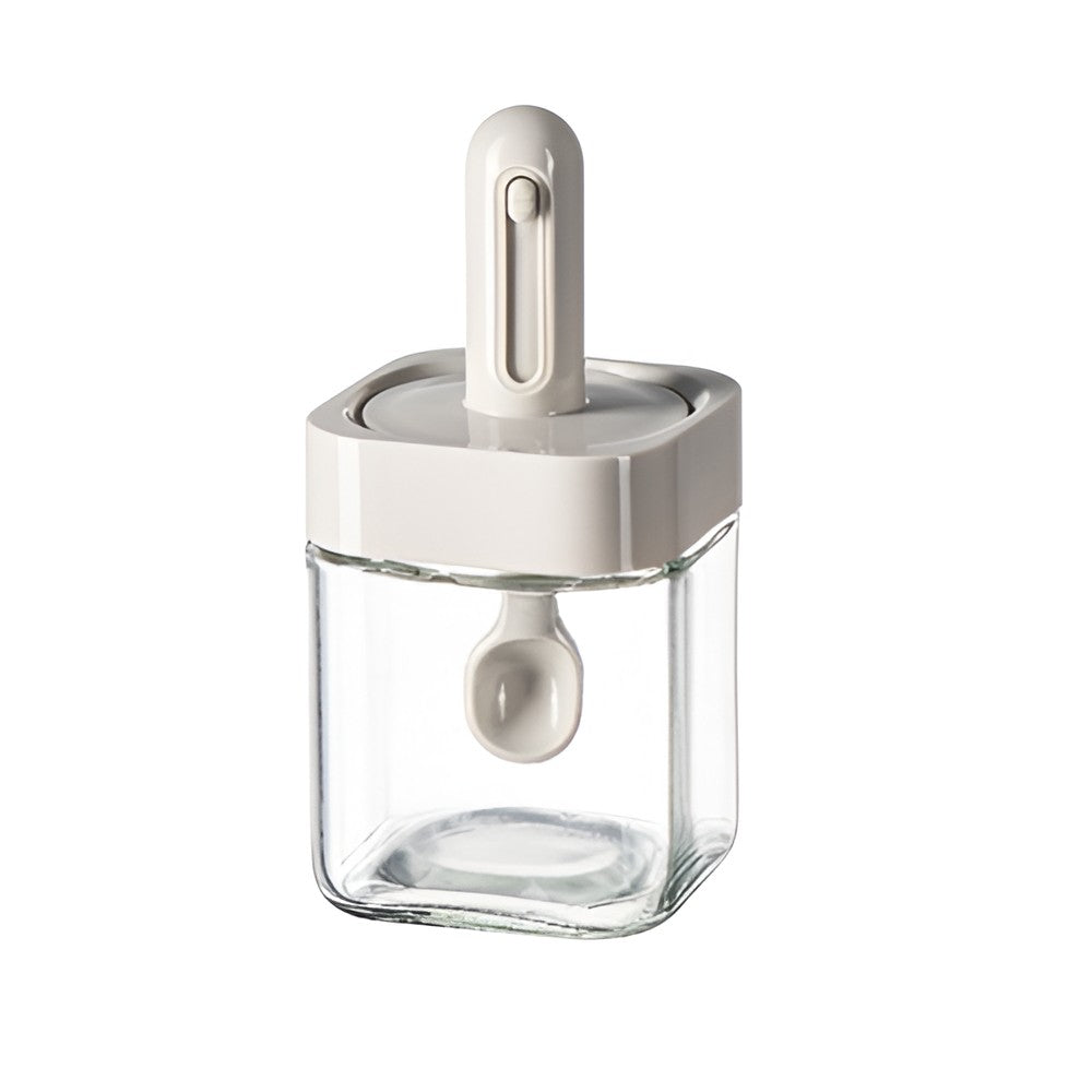 Recipient pentru Depozitarea Condimentelor, Borcan din Sticla, Capac si Lingura Incorporate, Uz Casnic, 300 ml, 7.1x7.1x14.8 cm, Gri