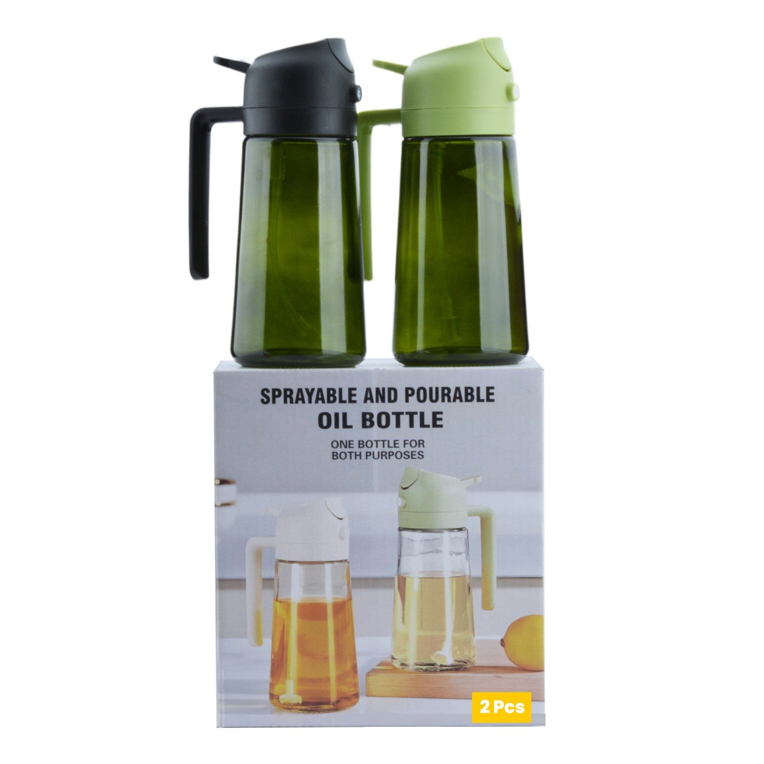 Recipient pentru Ulei 2 in 1, Set 2 Bucati, Functie Spray & Turnare, din Sticla, Fara Scurgere, 18.5 x 8 x 8 cm, 470 ml/buc, Sticla Verde, Verde/Negru