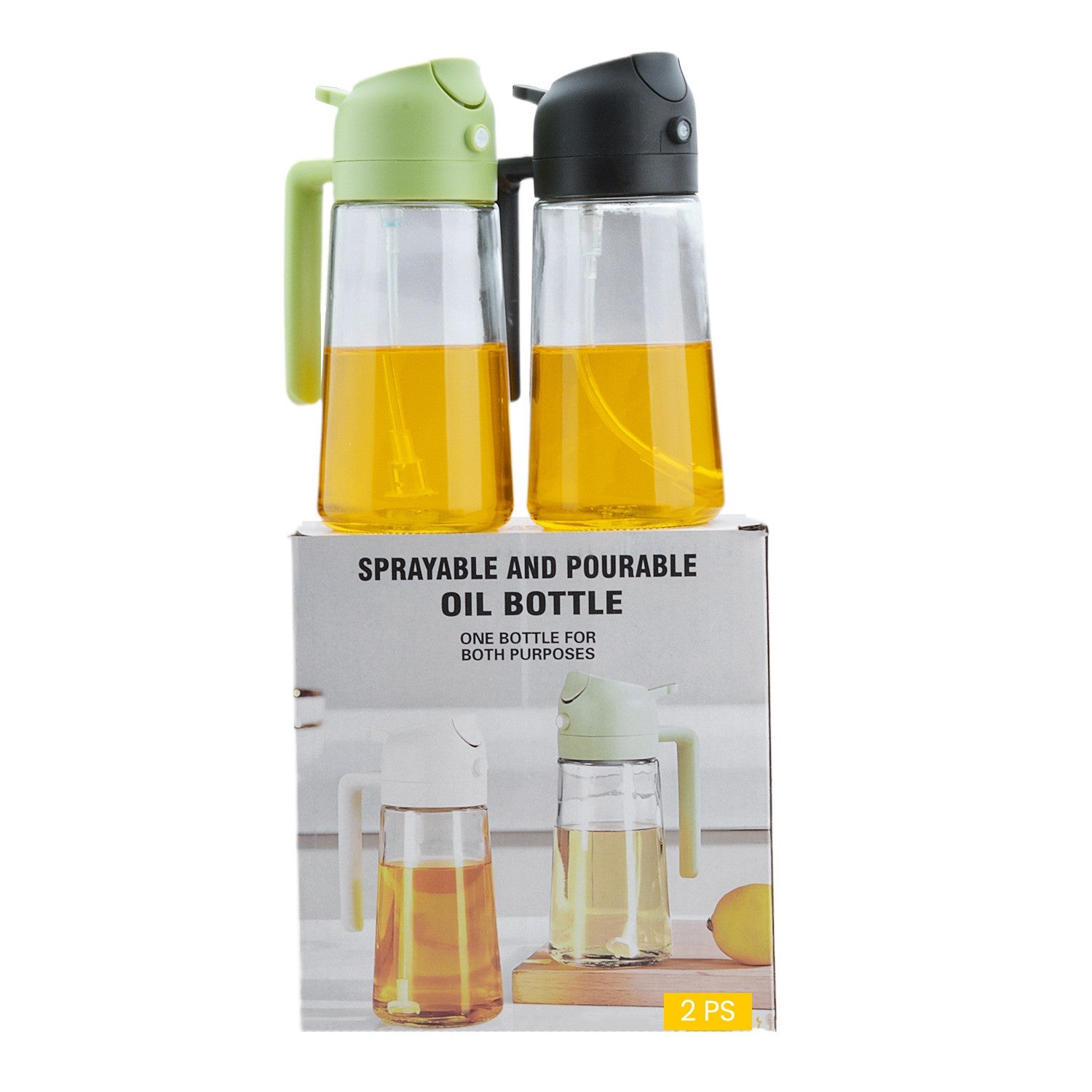 Recipient pentru Ulei 2 in 1, Set 2 Bucati, Functie Spray & Turnare, din Sticla, Fara Scurgere, 18.5 x 8 x 8 cm, 470 ml/buc, Sticla Teansparenta, Verde/Negru