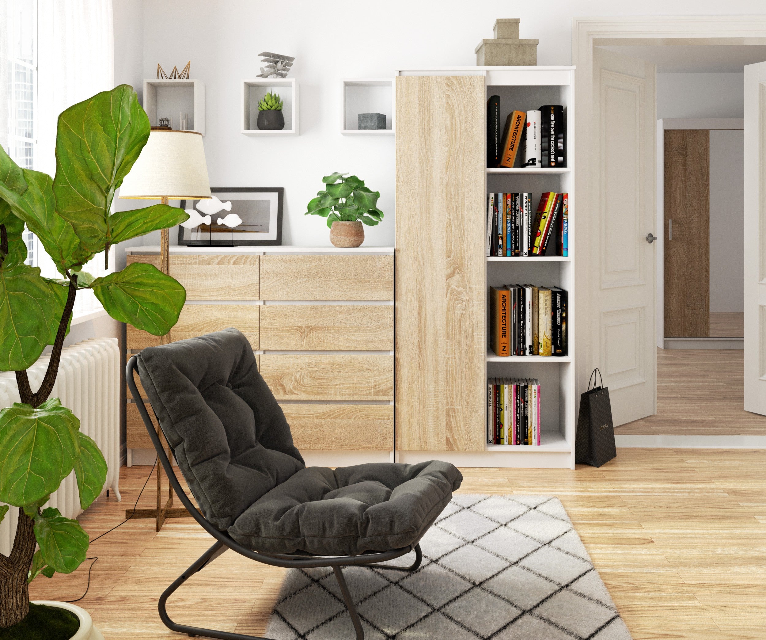 Dulap cu usa si 8 etajere, PAL laminat 16 mm, 80x35x180 cm, alb si stejar sonoma