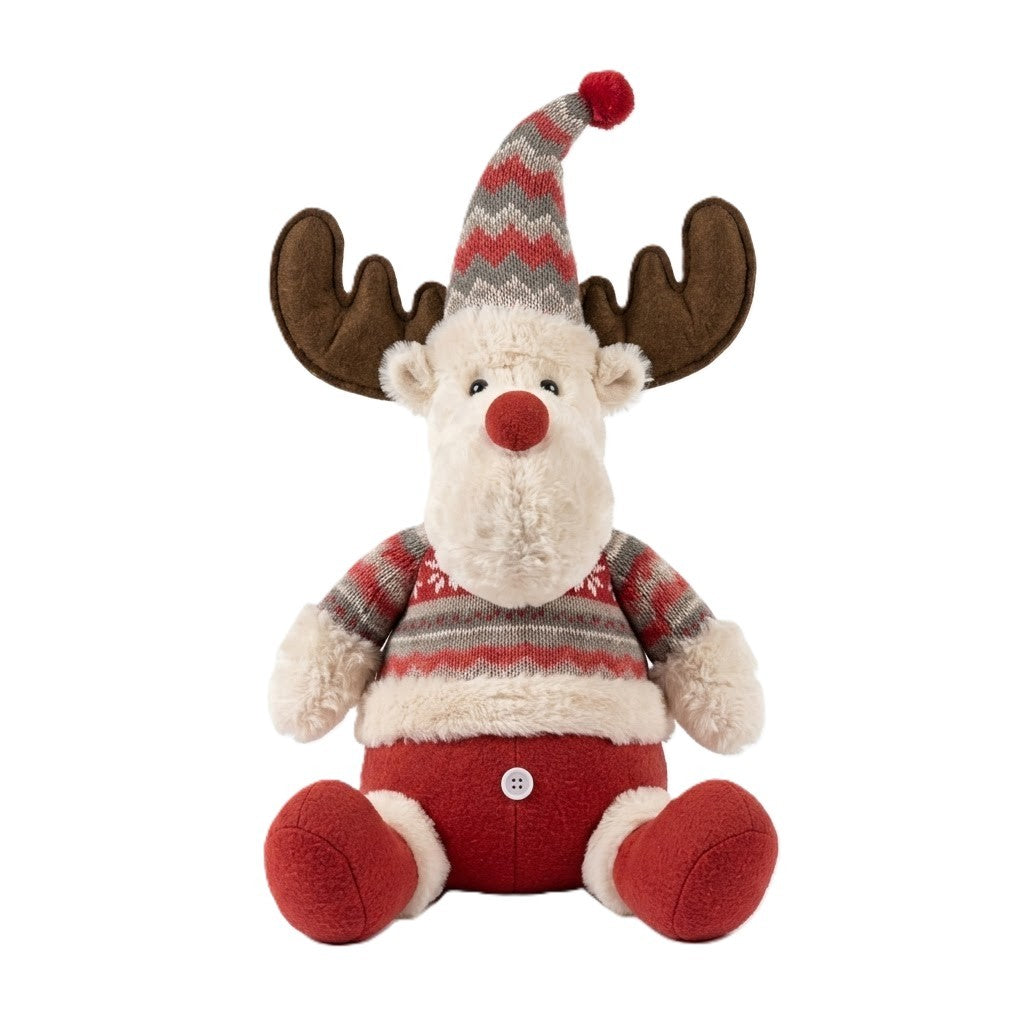 Ren De Plus Festiv, Ren cu Nas Rosu si Pulover, Decoratiune De Craciun, Ornament De Pus Pe Polita Sau Sub Brad, 38 cm, Multicolor