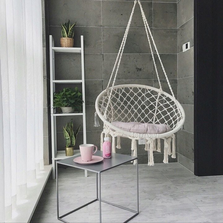Scaun rotund tip leagan suspendat pentru casa sau gradina, cu franjuri, 150kg, bej