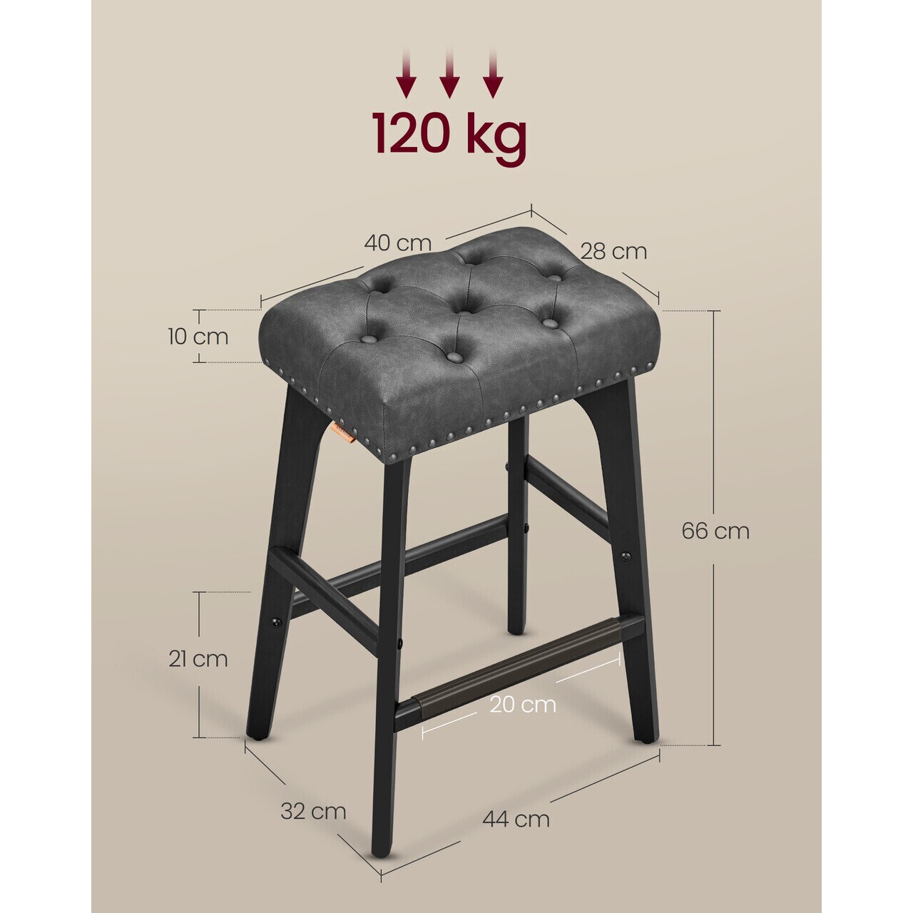 VASAGLE Set 2 scaune bar cu tapiterie piele ecologica, picioare din lemn, 44x32x66 cm, negru