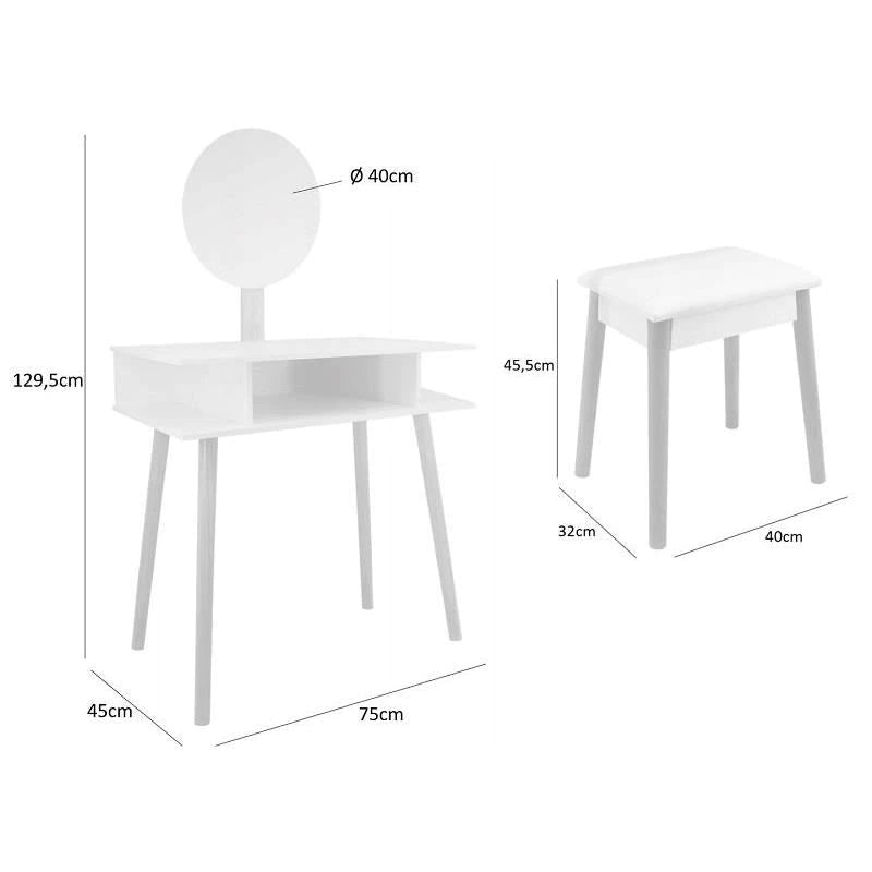 Set Masa de toaleta si machiaj cu taburet Scandinav, alba, cu oglinda, 75x45x130 cm