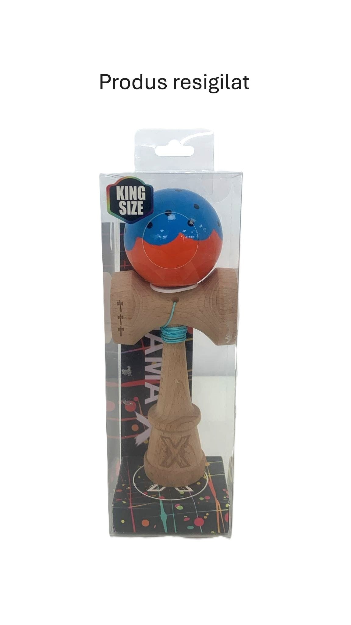 RESIGILAT - Kendama X Originala, Profesionala, Super Sticky cu Cupe Mari KING SIZE V3, Gaura in Baza, Rulment Metalic, din lemn 18 cm, Ata 62/65 cm, Special Albastru/Portocaliu