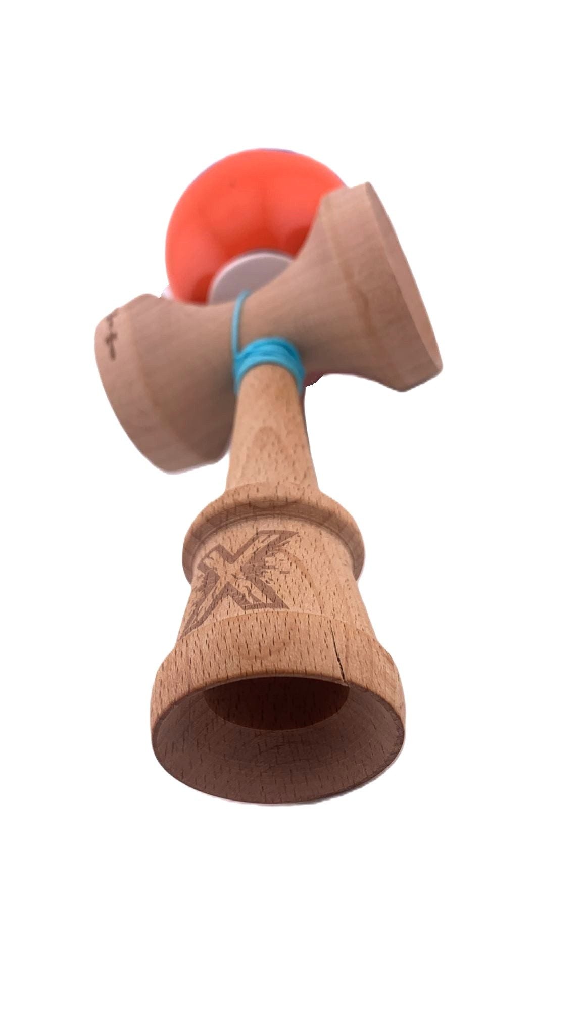 RESIGILAT - Kendama X Originala, Profesionala, Super Sticky cu Cupe Mari KING SIZE V3, Gaura in Baza, Rulment Metalic, din lemn 18 cm, Ata 62/65 cm, Special Albastru/Portocaliu