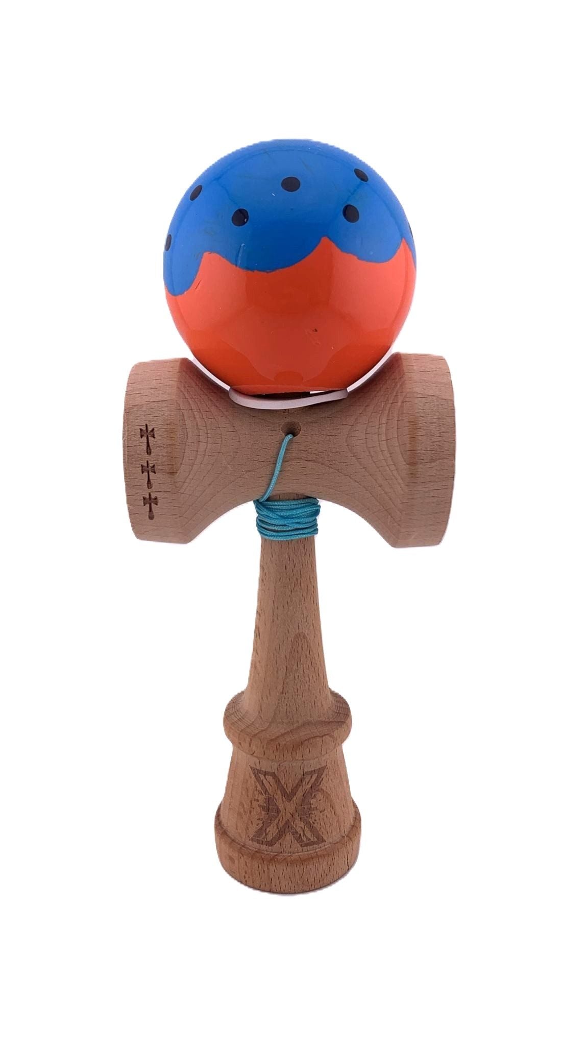 RESIGILAT - Kendama X Originala, Profesionala, Super Sticky cu Cupe Mari KING SIZE V3, Gaura in Baza, Rulment Metalic, din lemn 18 cm, Ata 62/65 cm, Special Albastru/Portocaliu