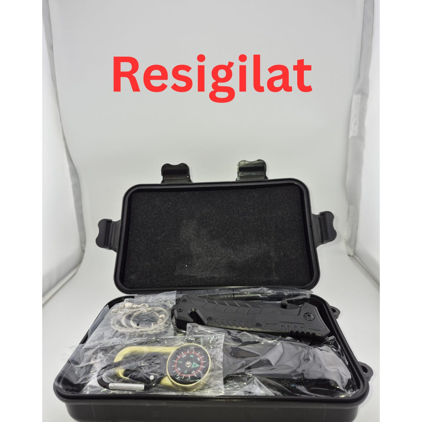 Resigilat: Kit supravietuire 19 in 1, Cutit/Busola/Lanterna/Fluier/Chingi/Paracord, pentru Caping, Drumetii, Aventuri, Insturmente profesionale, Negru