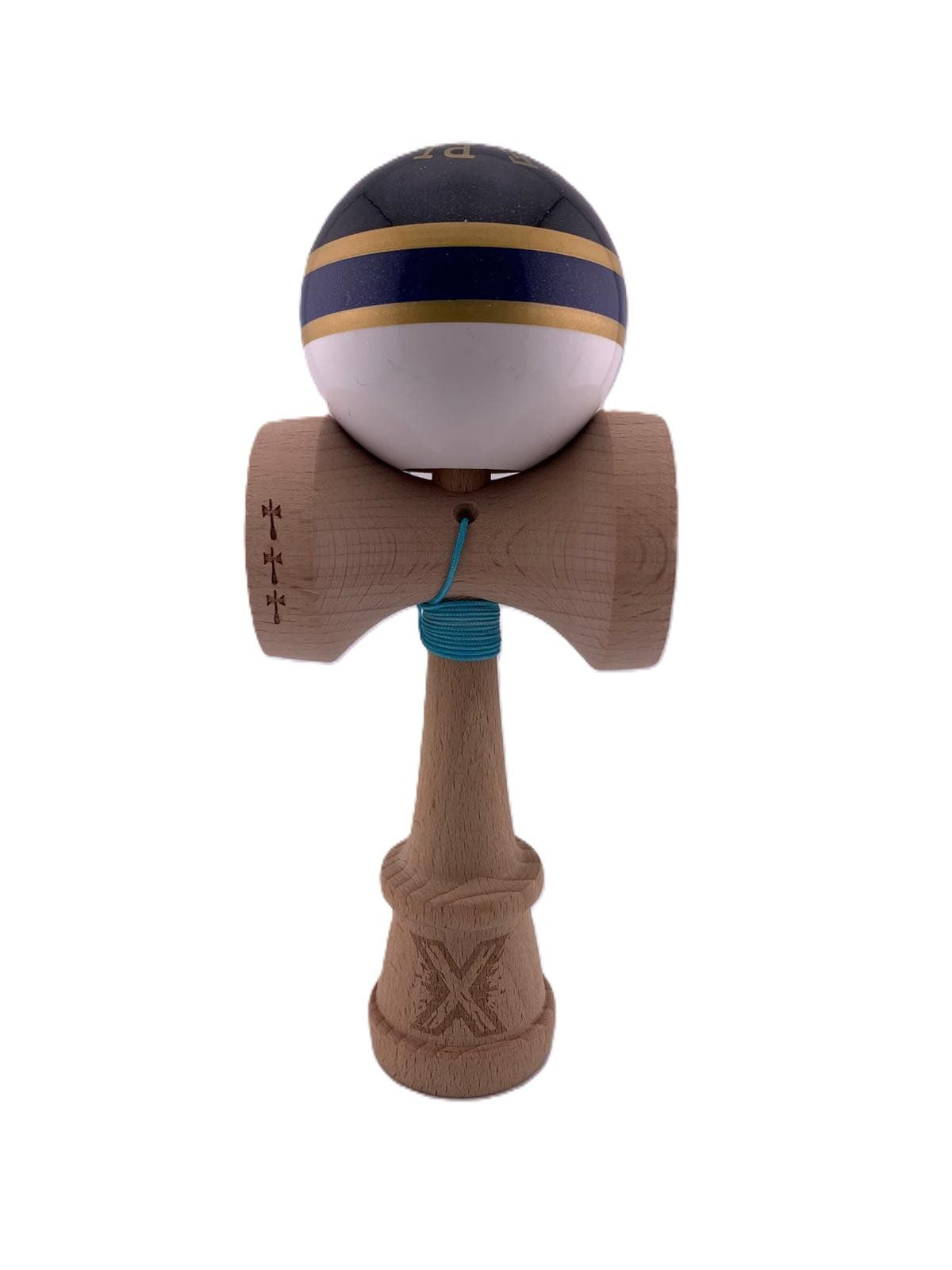 RESIGILATE - Kendama X Originala ROYAL SPIKE, Profesionala, Cupe Mari KING SIZE V3, Super Sticky, Gaura in Baza, Rulment Metalic, din lemn 18 cm, Ata 62/65 cm, Inel Albastru inchis