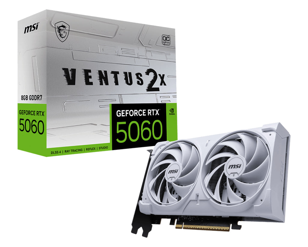 MSI Video Card NVIDIA GeForce RTX 5060 8G VENTUS 2X OC WHITE, 8GB GDDR7,128-bit, PCIe 5.0(x8), 3xDP, HDMI, RAY TRACING, Dual Fan, 8-pin PCIe, 3Y "RTX_5060_8G_VENTUS_2X_OC_WHITE"