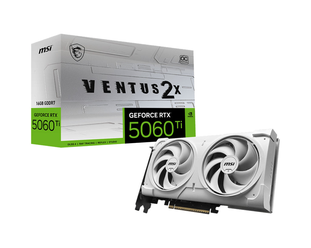 MSI Video Card NVIDIA GeForce RTX 5060 Ti 16G VENTUS 2X OC Alb PLUS, 16GB GDDR7, 128-bit, 2602 MHz Boost, PCIe 5.0 (x8), 3x DP, HDMI, 180W TDP, 2-Slot, 3Y 