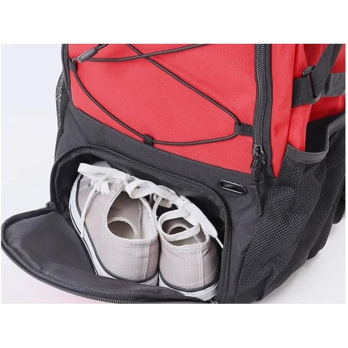 Rucsac de Baschet Multifunctional, Flippy, pentru Calatorie, Sport, Scoala, cu Compartiment pentru Pantofi si Minge, 32 Litri, 45x32x22 cm Rosu-Negru