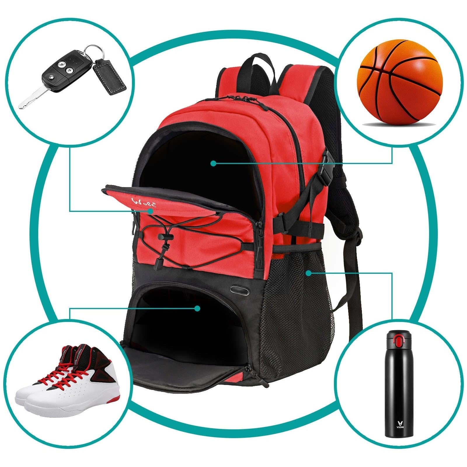 Rucsac de Baschet Multifunctional, Flippy, pentru Calatorie, Sport, Scoala, cu Compartiment pentru Pantofi si Minge, 32 Litri, 45x32x22 cm Rosu-Negru