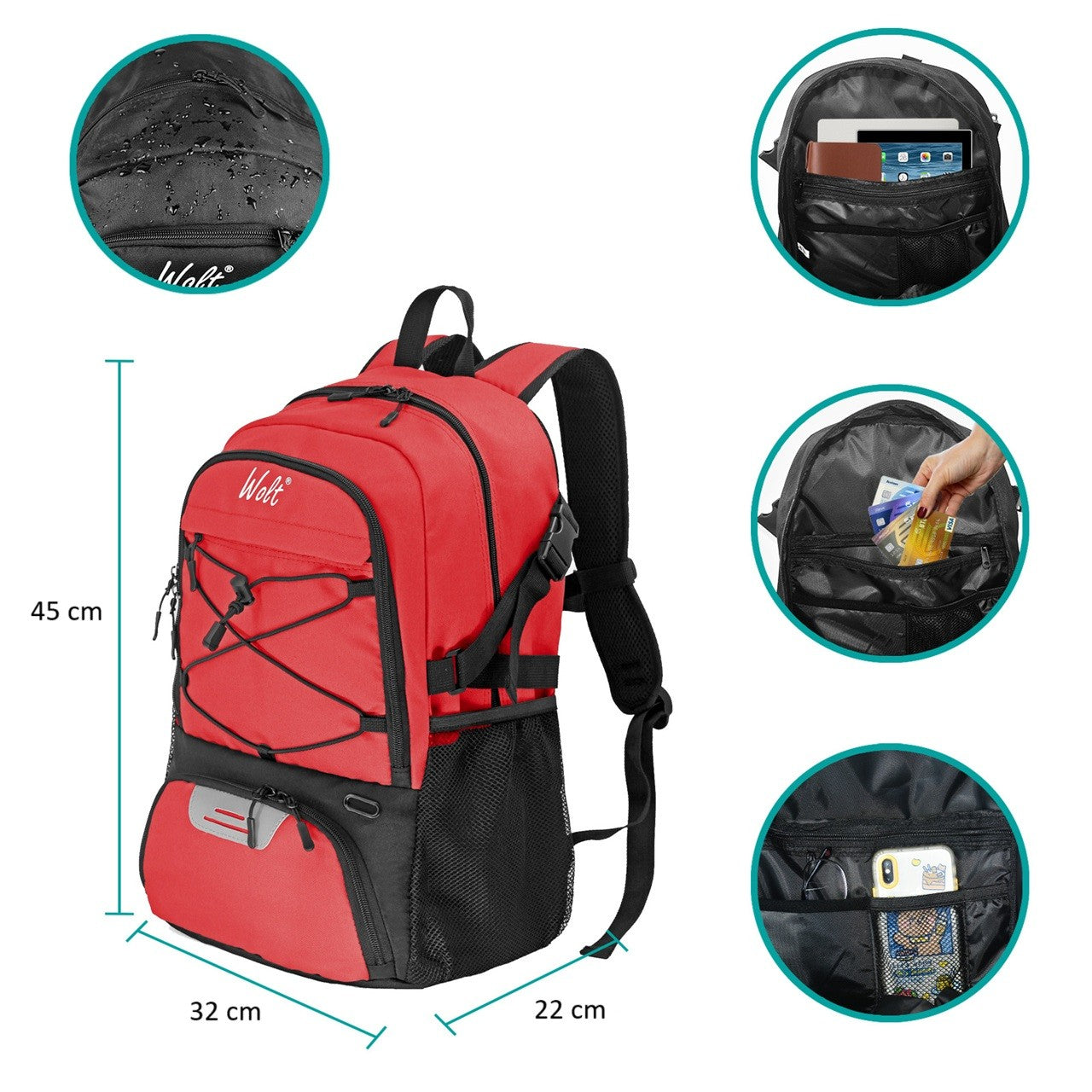 Rucsac de Baschet Multifunctional, Flippy, pentru Calatorie, Sport, Scoala, cu Compartiment pentru Pantofi si Minge, 32 Litri, 45x32x22 cm Rosu-Negru