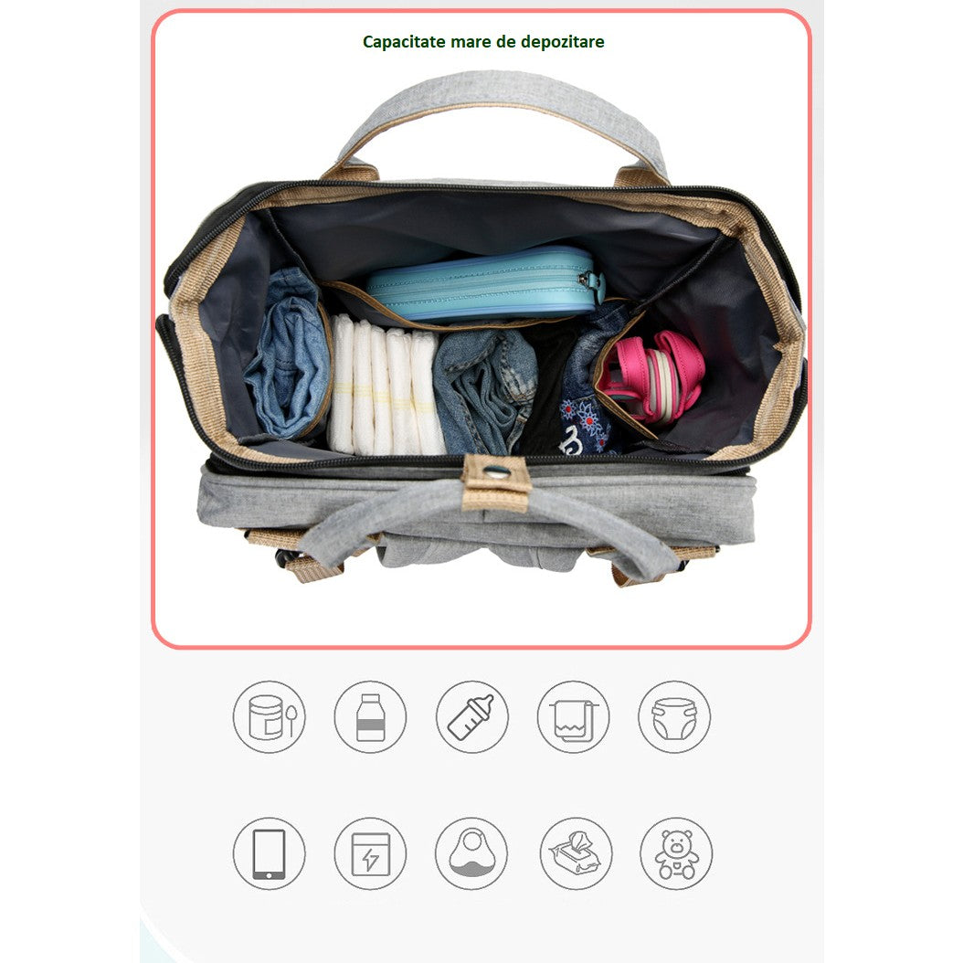 Rucsac Multifunctional pentru Mamici, cu Patut Pliabil si Baza de Schimbat, Rezistent la Apa, Capacitate Mare, Usor, Compartimente Multiple