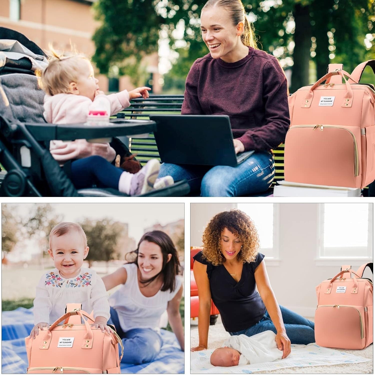 Rucsac Multifunctional pentru Mamici, cu Patut Pliabil si Baza de Schimbat, Rezistent la Apa, Capacitate Mare, Usor, Compartimente Multiple, Buzunar Termic pentru Lapte, 42 x 32 x 22 cm, Roz Pudra