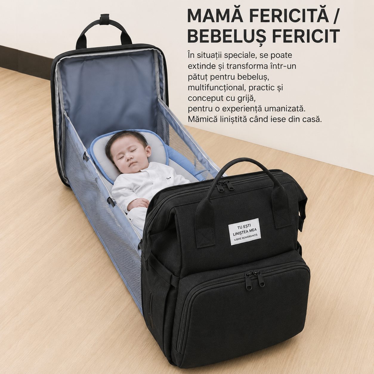 Rucsac Multifunctional pentru Mamici, cu Patut Pliabil si Baza de Schimbat, Rezistent la Apa, Capacitate Mare, Usor, Compartimente Multiple, Buzunar Termic pentru Lapte, 42 x 32 x 22 cm, Negru