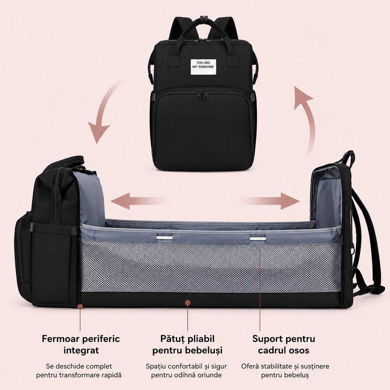 Rucsac Multifunctional pentru Mamici, cu Patut Pliabil si Baza de Schimbat, Rezistent la Apa, Capacitate Mare, Usor, Compartimente Multiple, Buzunar Termic pentru Lapte, 42 x 32 x 22 cm, Negru