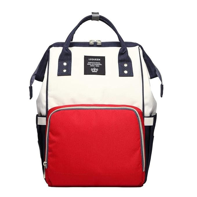 Rucsac Multifunctional pentru Mamici, din Panza Oxford, Compartimentare Multipla, Impermeabil, 43 x 18 x 26 cm, Alb/Rosu/Albastru