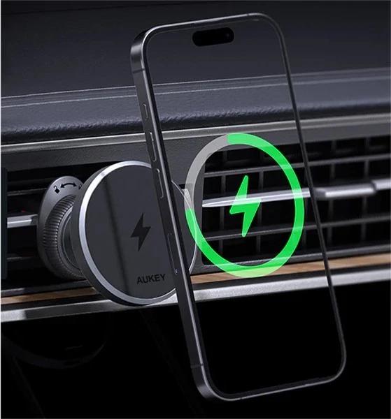 Alimentator Smartphone auto Aukey, HD-MC13, 15W, fast charge, suport prindere ventilatie, magnetic, alimentare prin UCB-C, 1 x USB-C, negru, "LLTSN1048332" - 689323787043