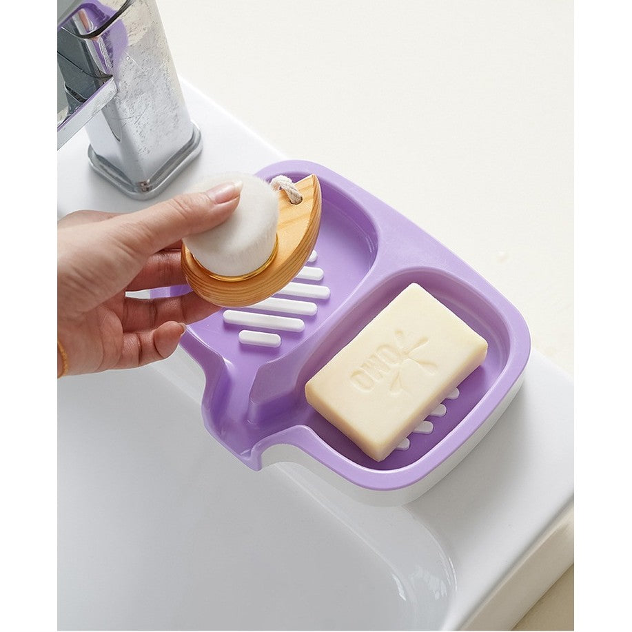 Savonieră Dublă, cu Sistem de Scurgere a Apei, din ABS, pentru 2 Săpunuri, Design Ventilat pentru Uscare Rapidă, 14.5 x 18 x 3 cm, Mov/Alb