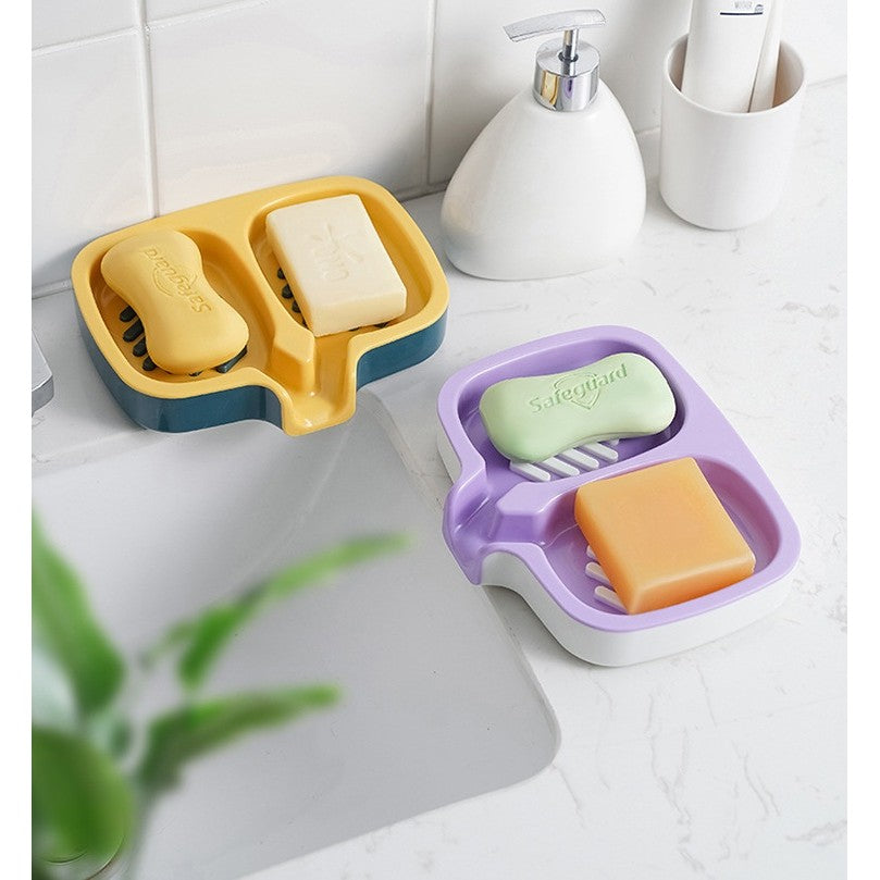 Savonieră Dublă, cu Sistem de Scurgere a Apei, din ABS, pentru 2 Săpunuri, Design Ventilat pentru Uscare Rapidă, 14.5 x 18 x 3 cm, Mov/Alb