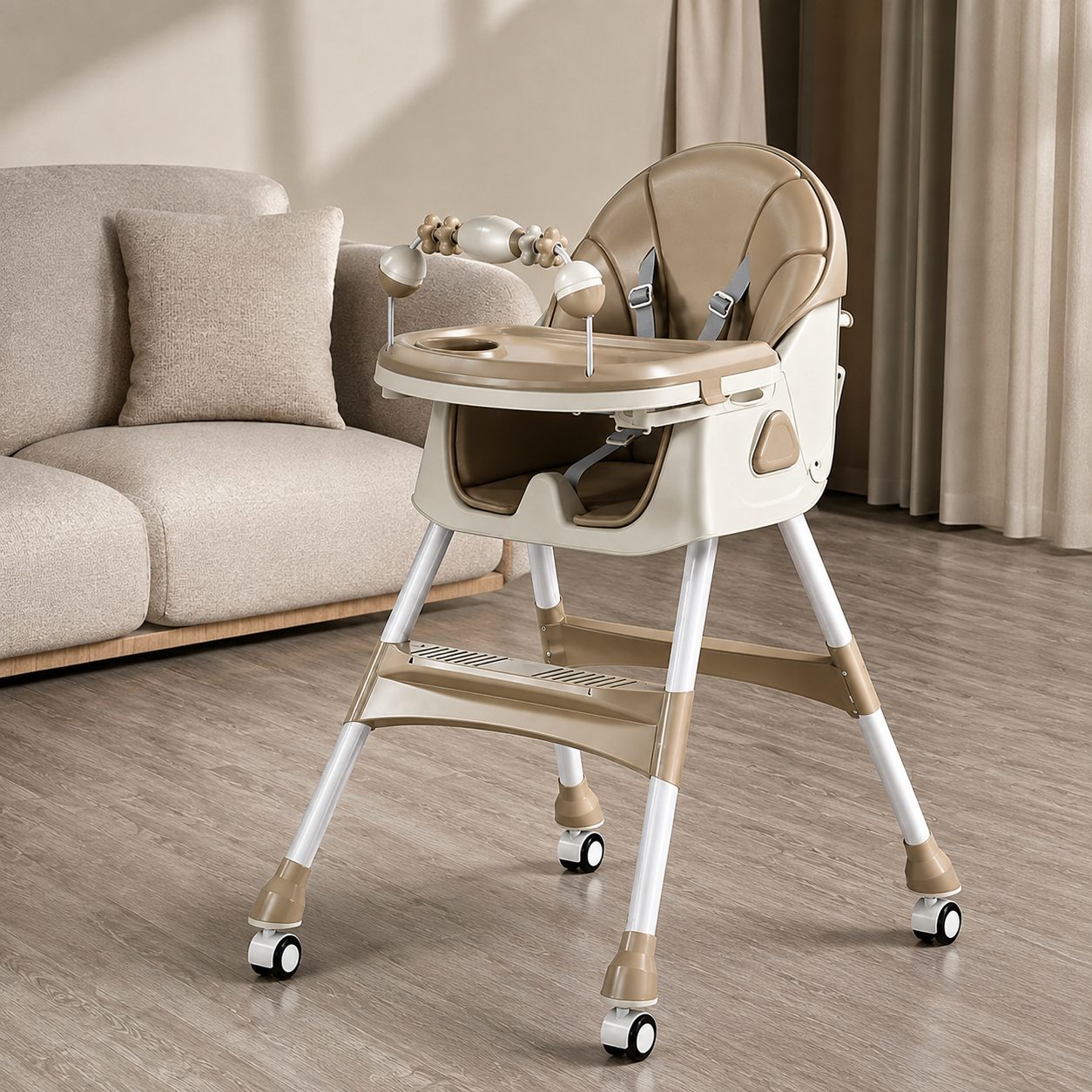 Scaun de Masa pentru Bebelusi si Copii, 2 Tavite cu Jucarii si Husa Detasabile, Multifuncțional, Stabil, Centura de Siguranta, Spatar Reglabil Moale, Balansoar, Cos de Depozitare, de la 6 Luni, 97x73x65cm, Crem