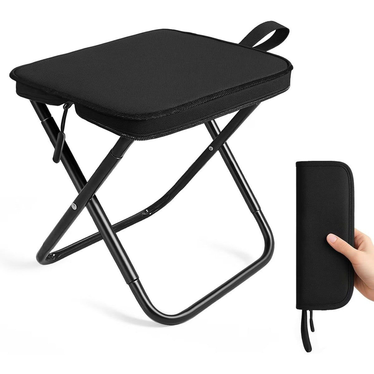 Scaun Pliabil, Flippy, pentru Adulti, Portabil, pentru Camping, Pescuit, din Panza Oxford si Cadru Metalic, 24 x 24 x 28 cm, Negru