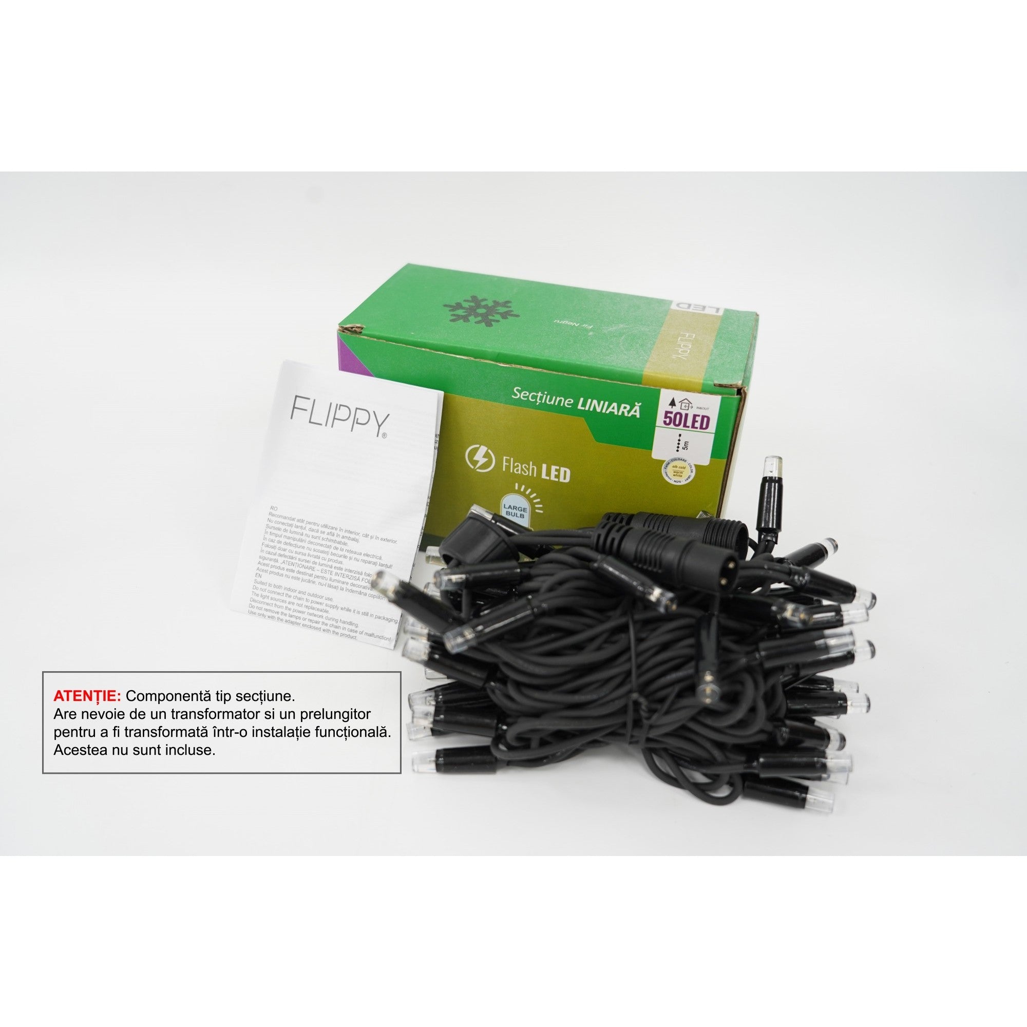 Sectiune Instalatie de Craciun Tip Liniara, cu Flash, 5 m, 50 LED-uri, Interconectabila, Fir Negru, Alb-Cald