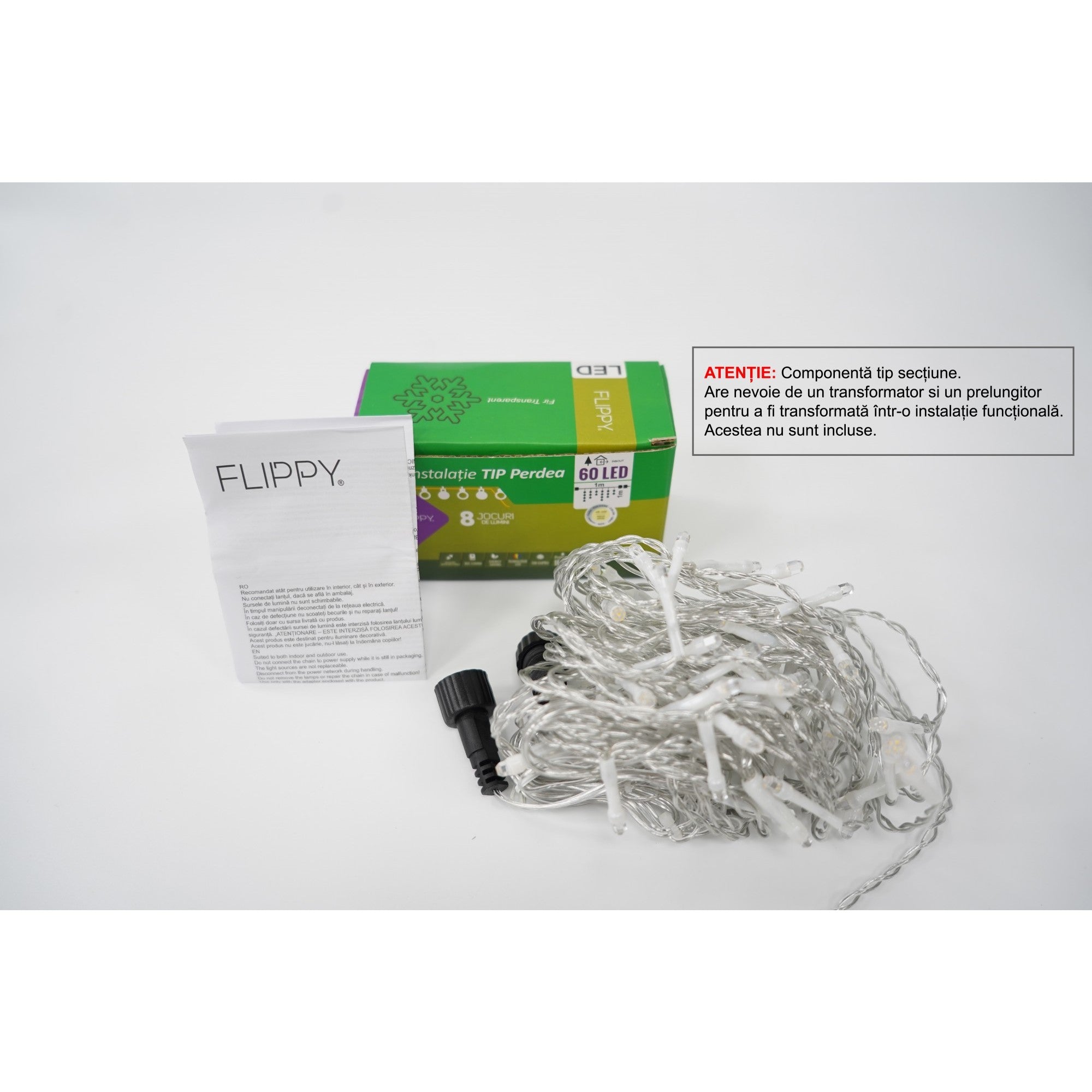 Sectiune Instalatie de Craciun Tip Perdea, 8 jocuri de lumini, 1x1 m, 60 LED-uri, Interconectabila, Fir Transparent, Alb Cald