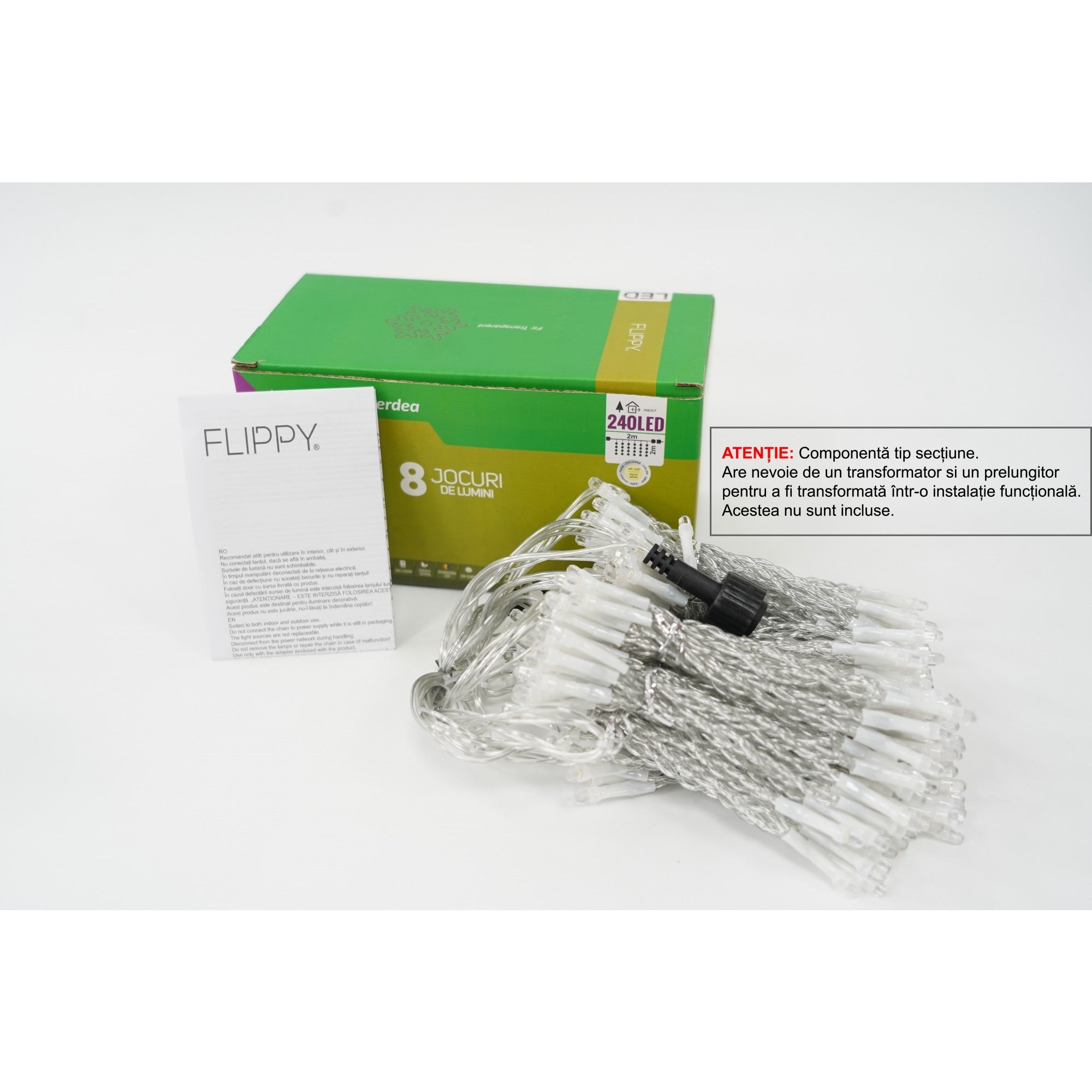 Sectiune Instalatie de Craciun Tip Perdea, 8 jocuri de lumini, 2m x2 m, 240 LED-uri, Interconectabila, Fir Transparent, Alb-cald