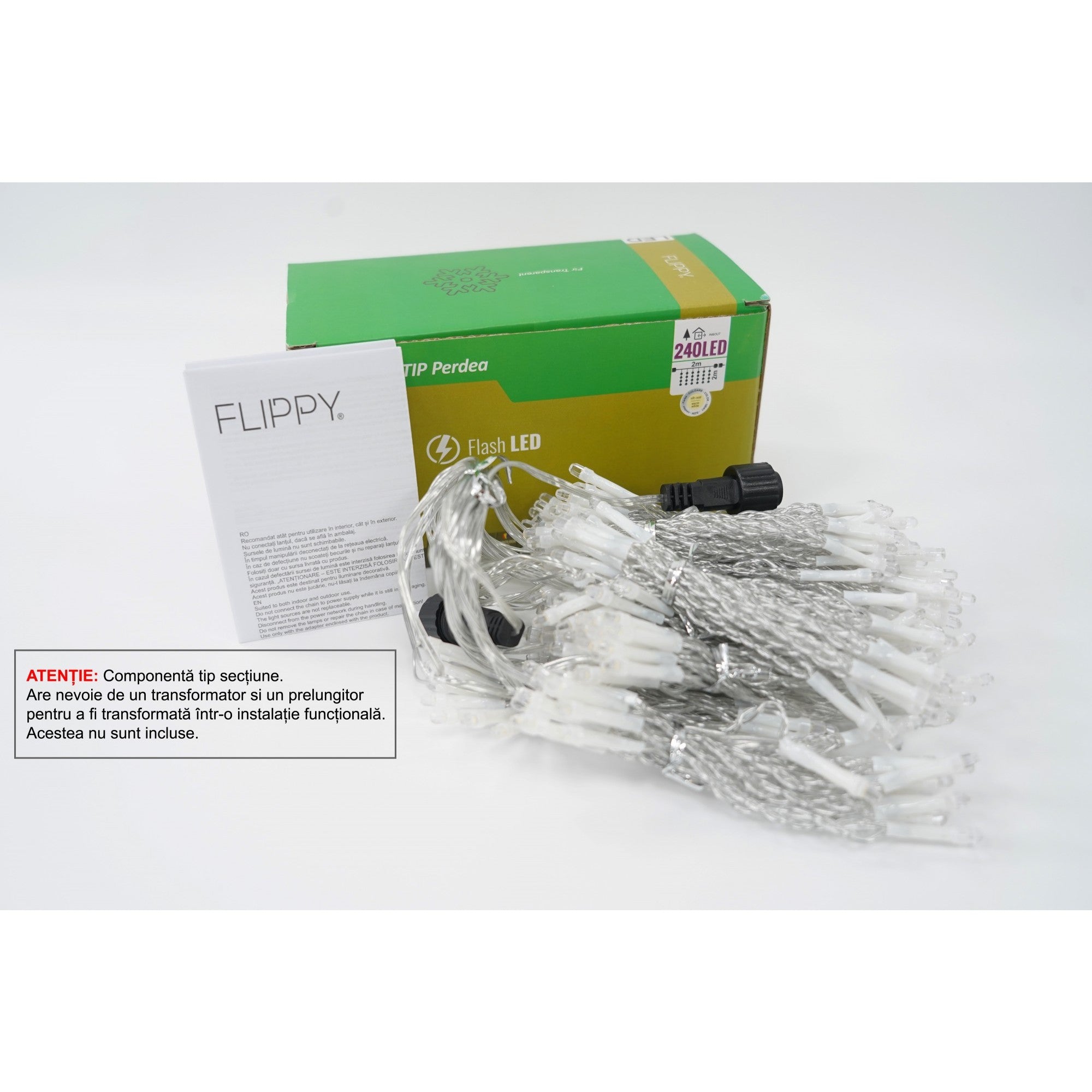Sectiune Instalatie de Craciun, Tip Perdea, cu Flash,2 X 2 m, 240 LED-uri, Interconectabila, Fir Transparent, Alb Cald