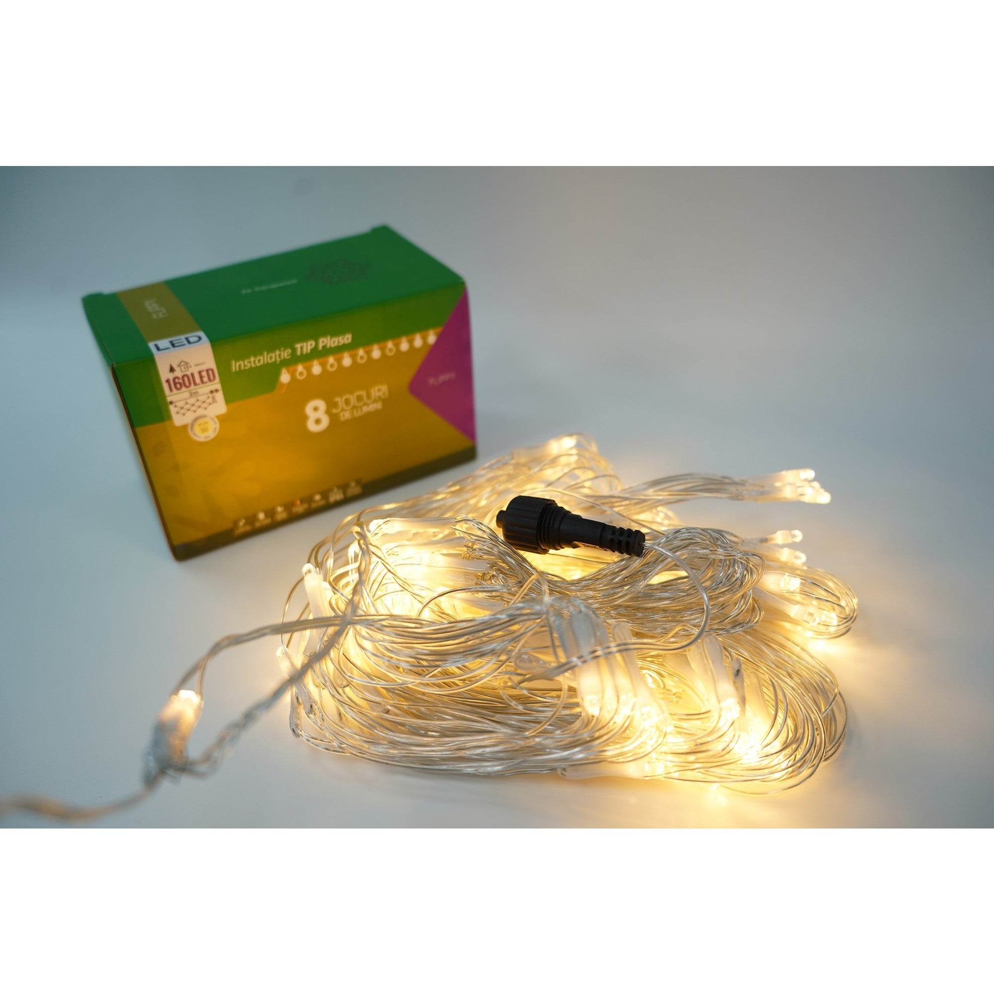 Sectiune Instalatie de Craciun, Tip Plasa, 160 LED-uri, 2 m x 2 m, 8 jocuri de lumini, Interconectabila, Fir transparent, Alb cald